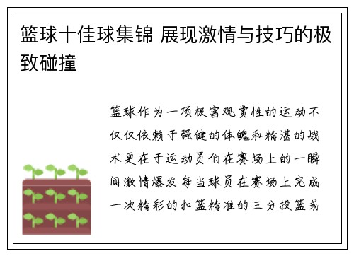 篮球十佳球集锦 展现激情与技巧的极致碰撞